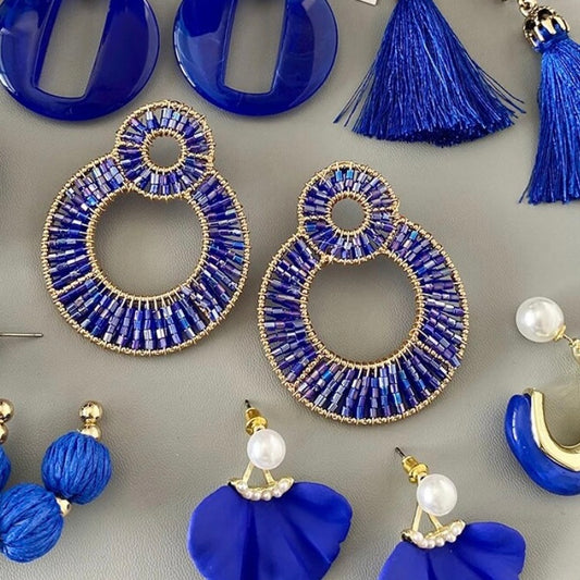 Parisian Night - Midnight Blue and Gold Dazzling Oval Statement Earrings