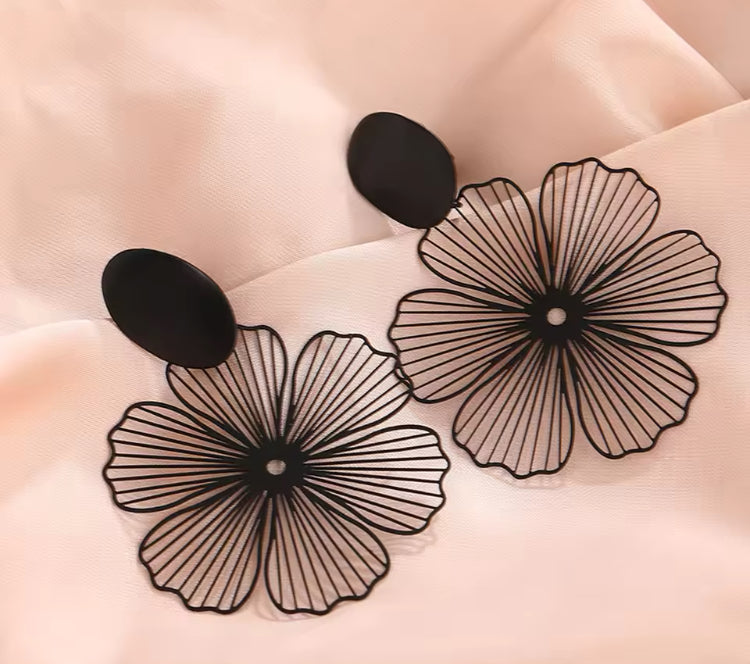 Black Hollow Clip On Flower statement earrings..