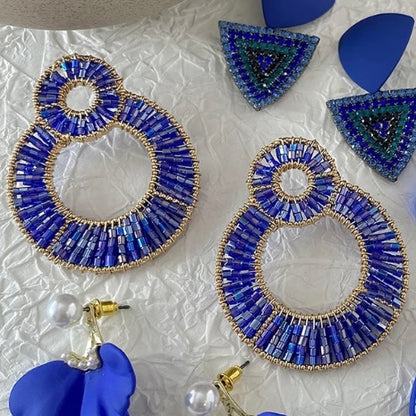 Parisian Night - Midnight Blue and Gold Dazzling Oval Statement Earrings