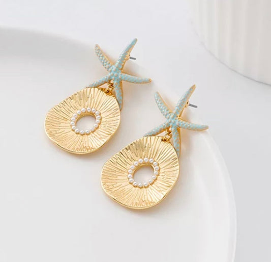 Beach Vibe Teal and Gold Starfish Textured Statement Earrings