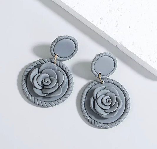 Grey Clay Lightweight Flower Dangle Earrings