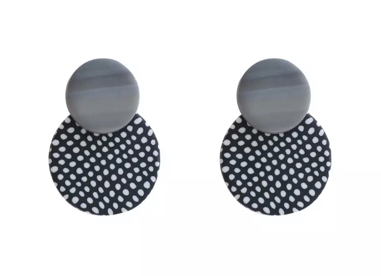 Steel Grey with Black and White Polka Dot Statement Earrings