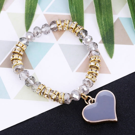 Heart Charm Crystal Beaded Statement Bracelet
