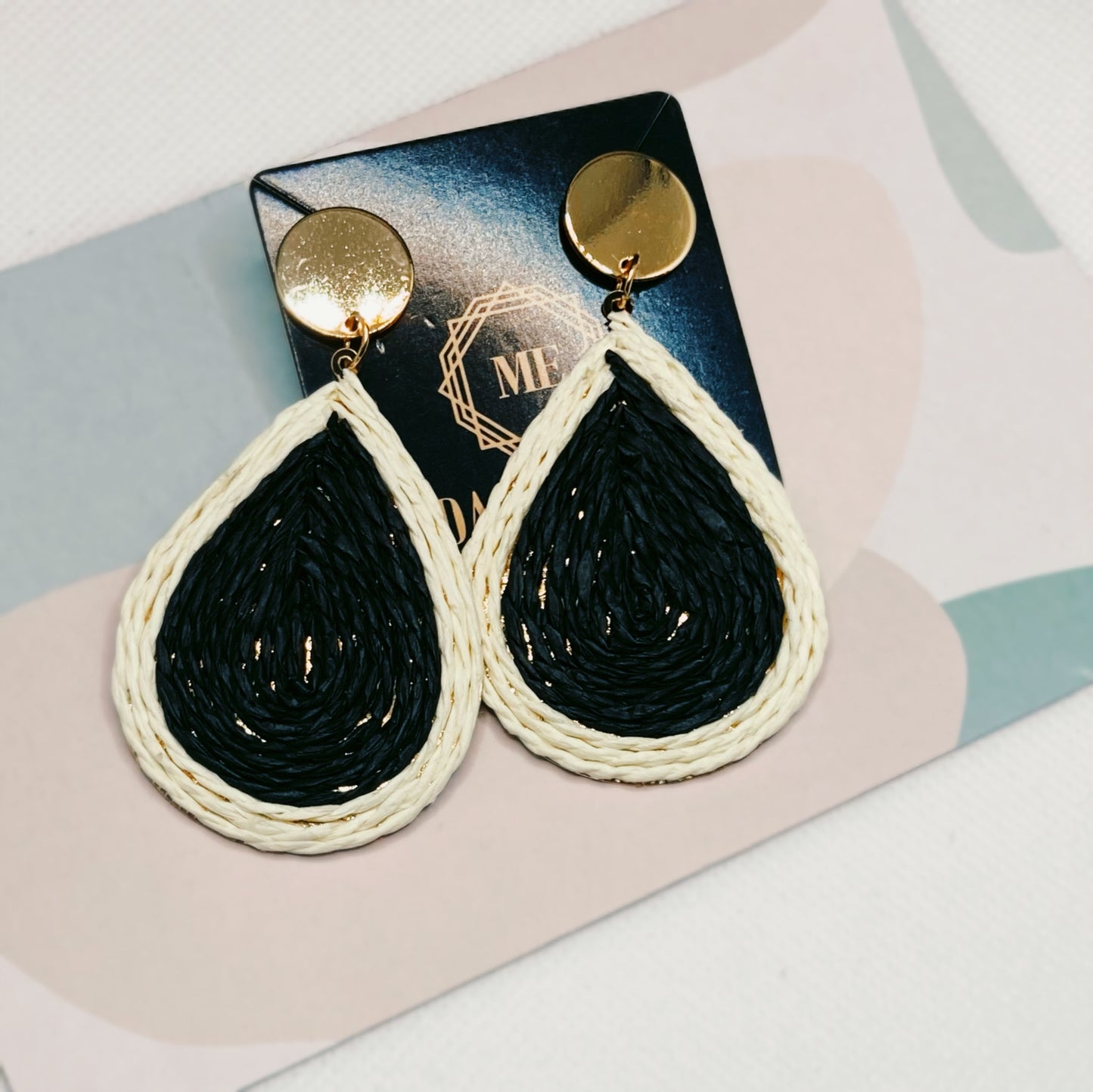 Black and White Ratan and Gold Metal Statement Dangle Earrings